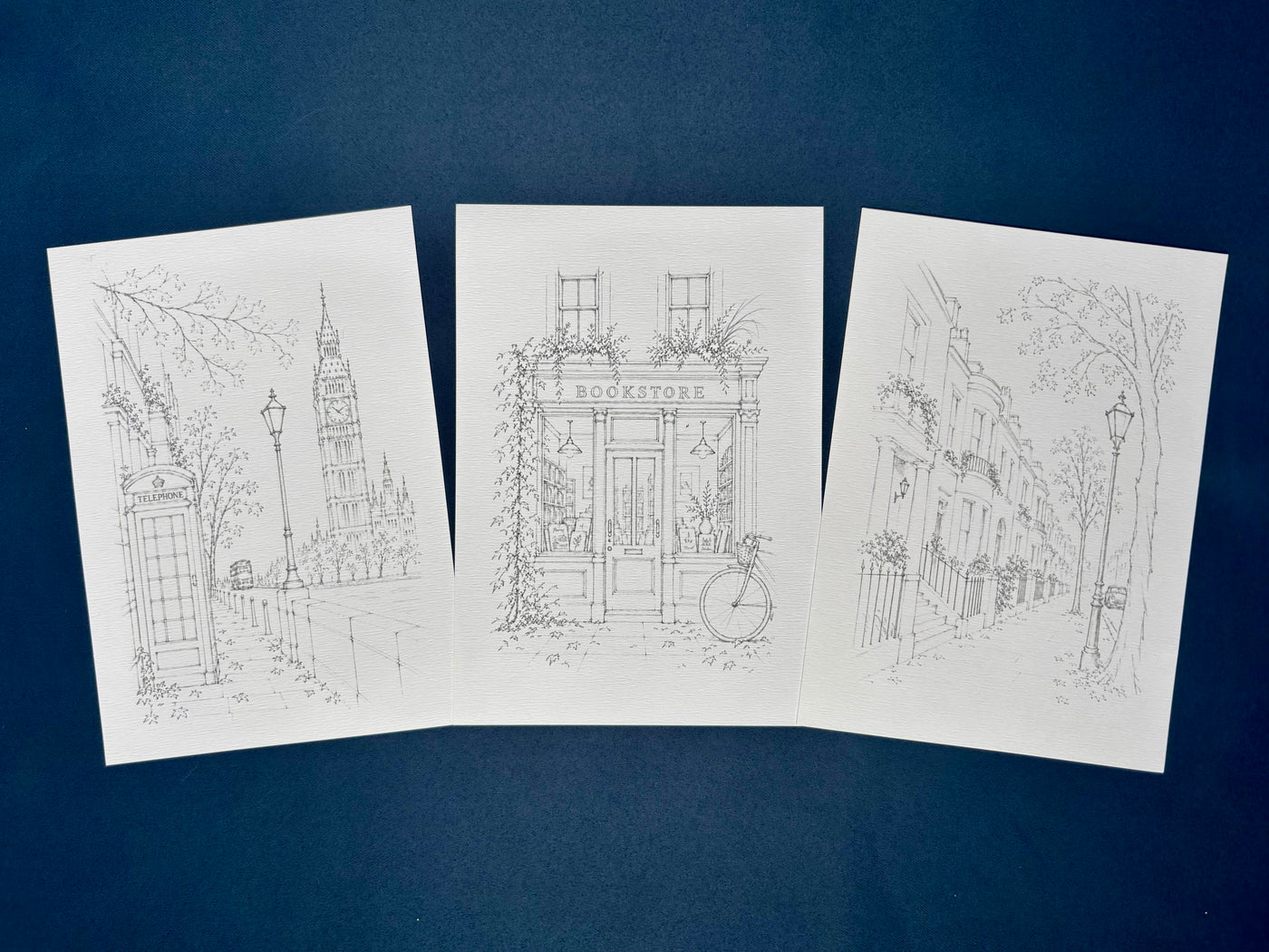 Les trois affiches de Londres prétracées sur papier aquarelle, prêtes à peindre.