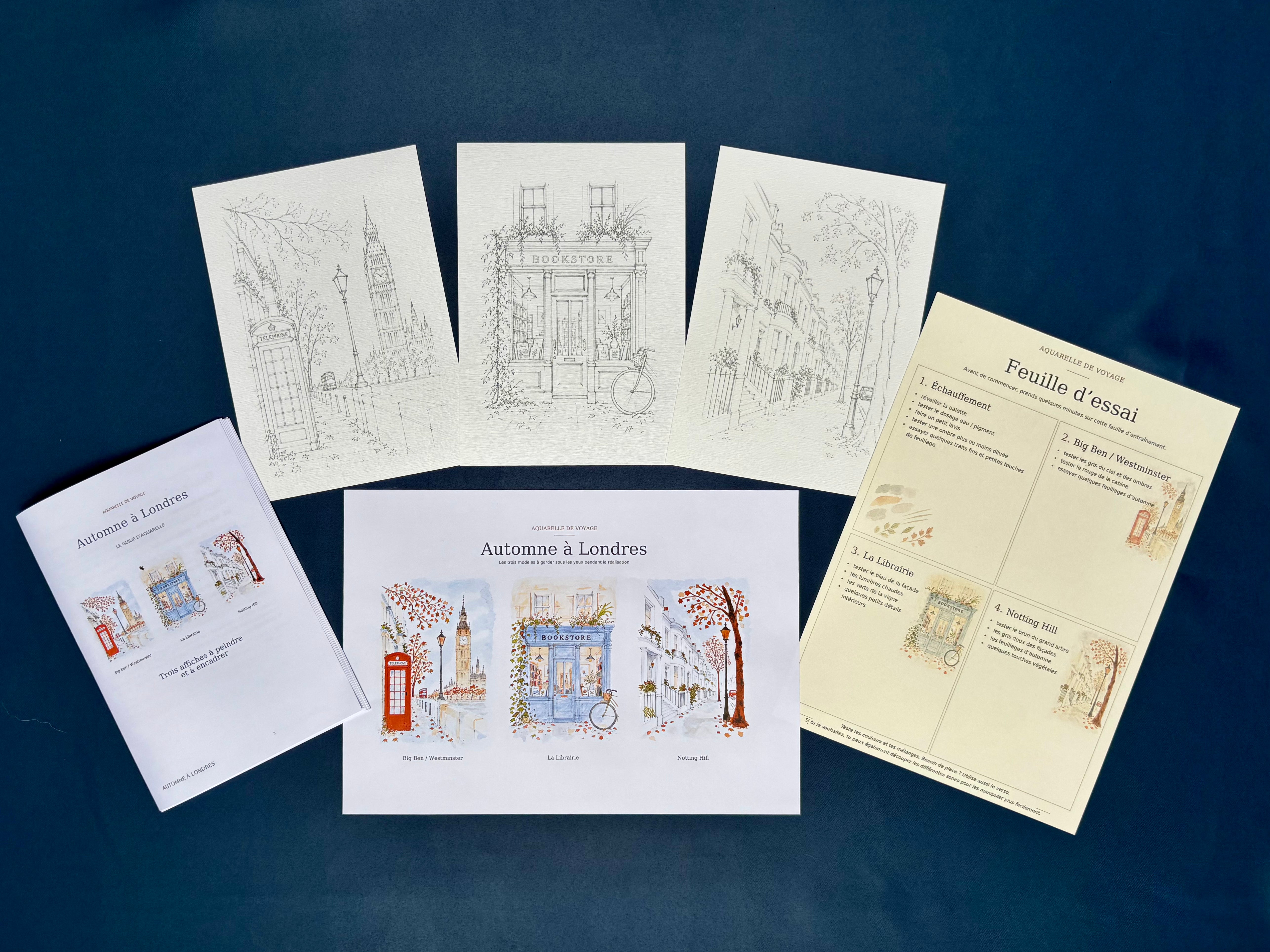 Formule Essentiel : trois affiches prétracées, guide illustré, feuille d’essai et planche A4 des modèles peints. Sans matériel de peinture. #Formule_Essentiel : sans matériel