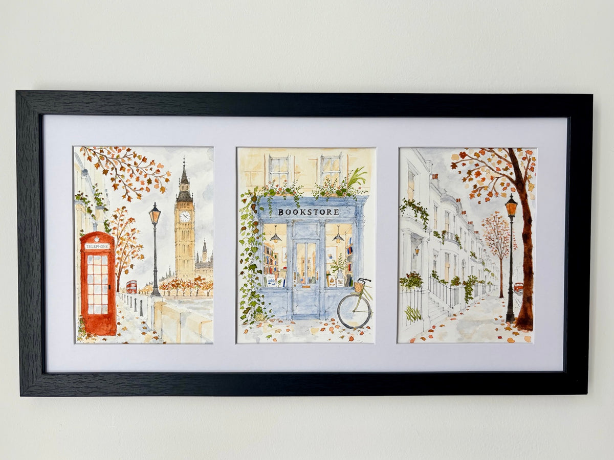 Les trois affiches Automne à Londres peintes à l’aquarelle et réunies dans un cadre noir à trois ouvertures. Exemple de réalisation ; cadre non inclus.