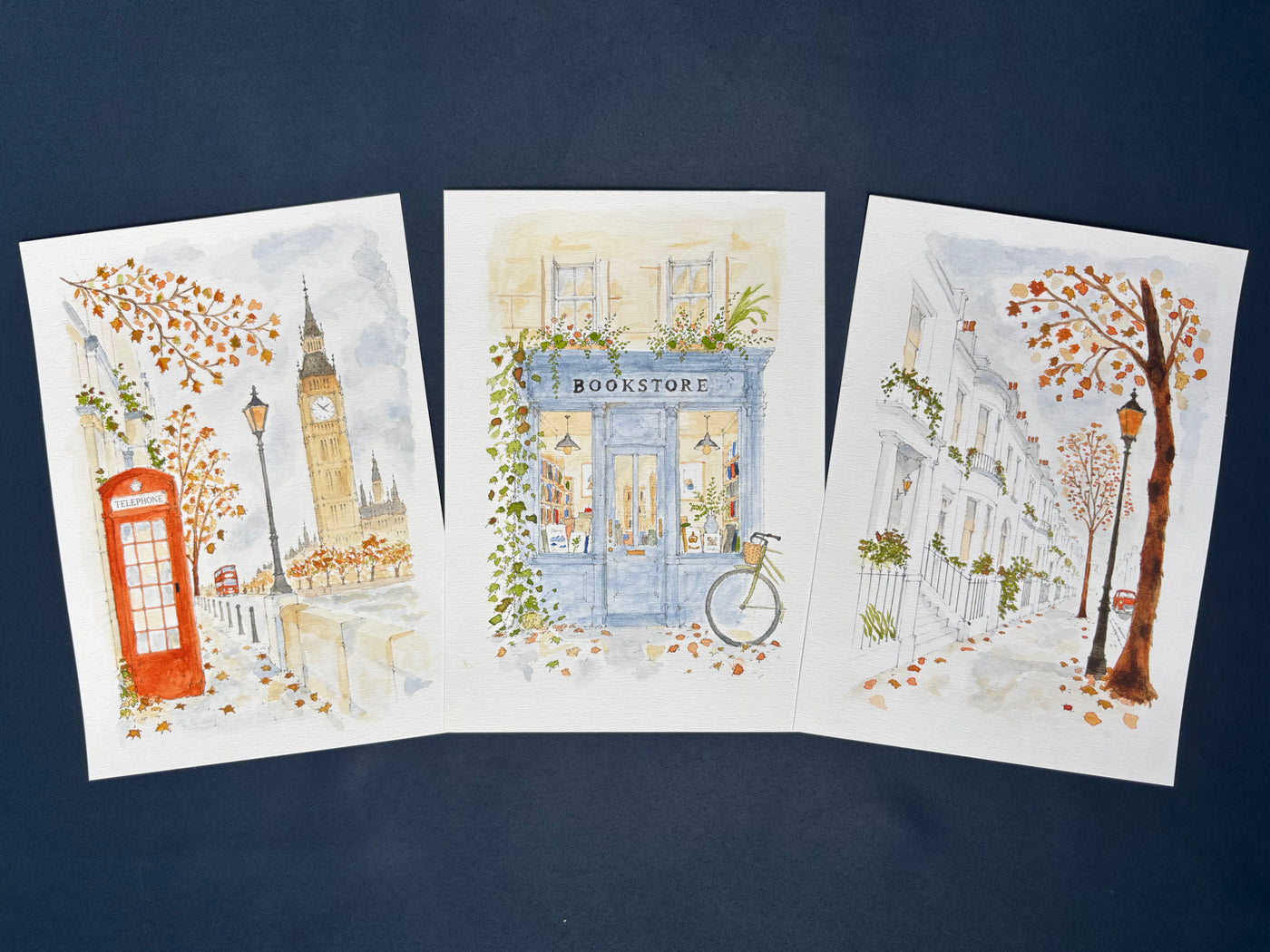 Les trois affiches de Londres peintes à l’aquarelle. Exemple de réalisation.