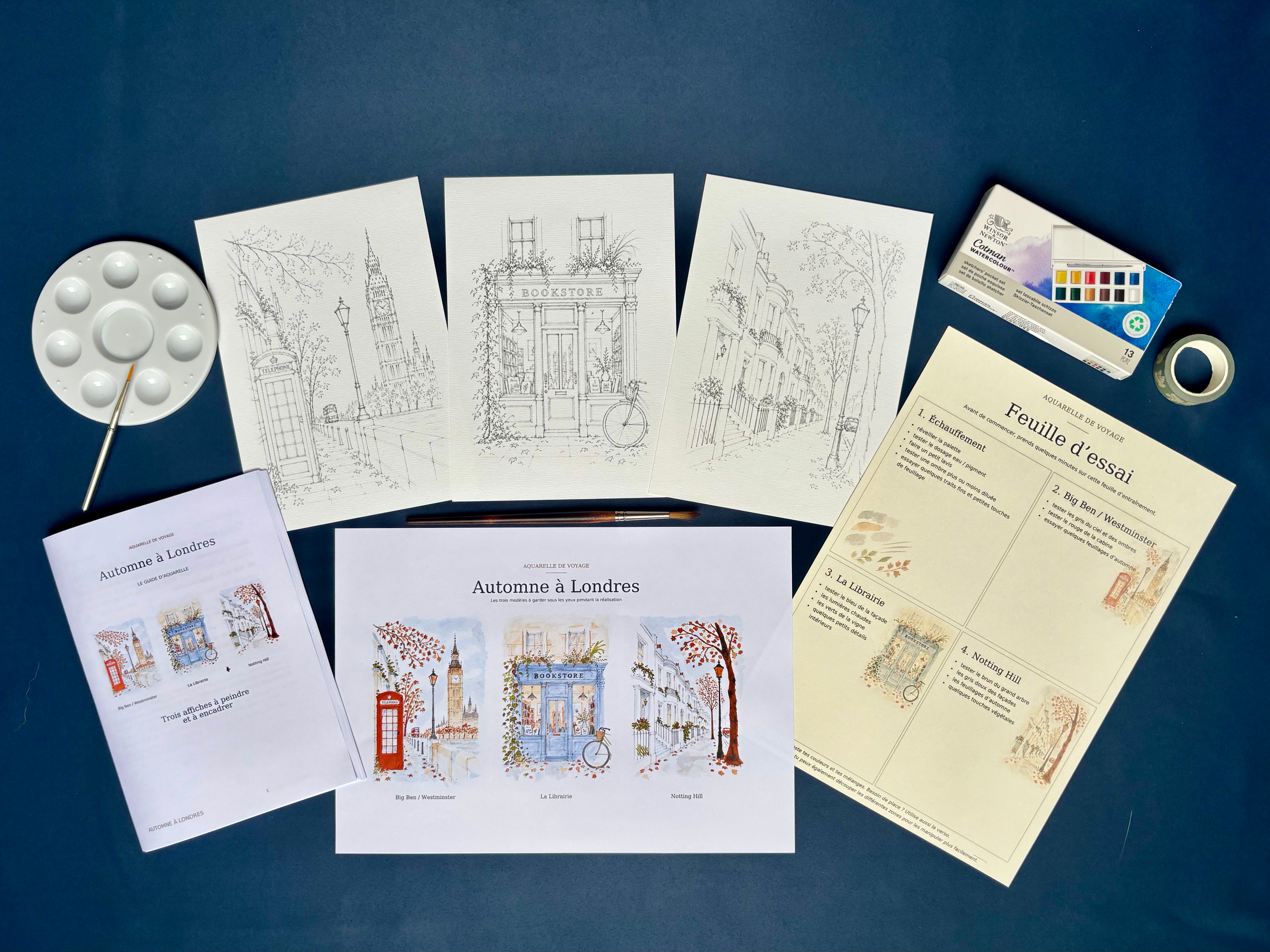 Formule Atelier : contenu Essentiel, palette aquarelle, deux pinceaux, palette de mélange et masking tape. #Formule_Atelier : matériel inclus