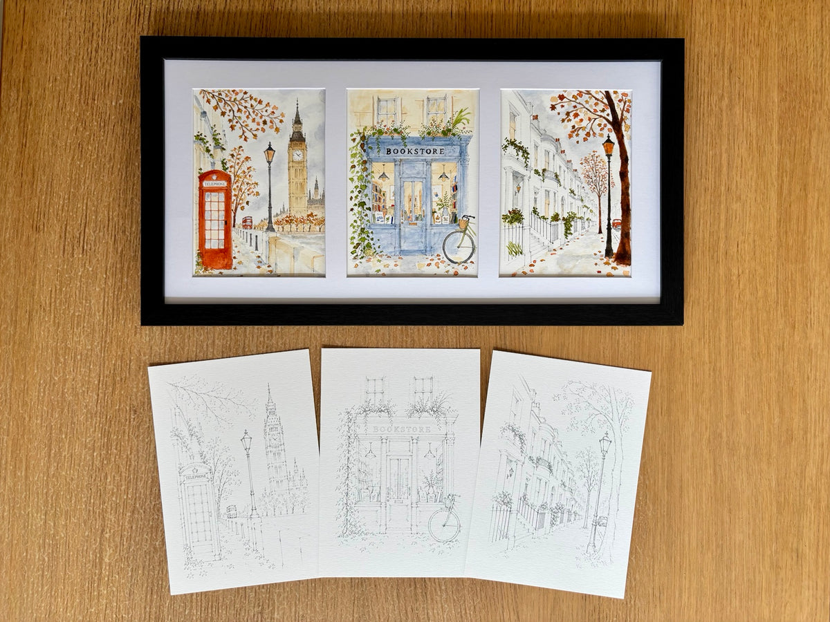 Automne à Londres : les trois affiches prétracées non peintes sous le triptyque réalisé à l’aquarelle et encadré. Exemple de réalisation, cadre non inclus.